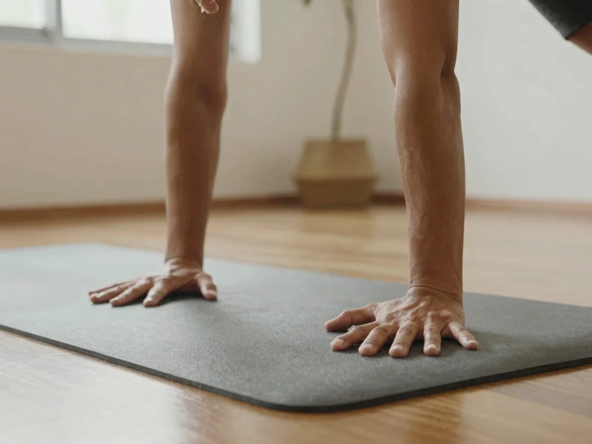 Educator demonstrating a simple movement on a yoga mat in a bright room, candid, soft natural daylight, 35mm lens, calm