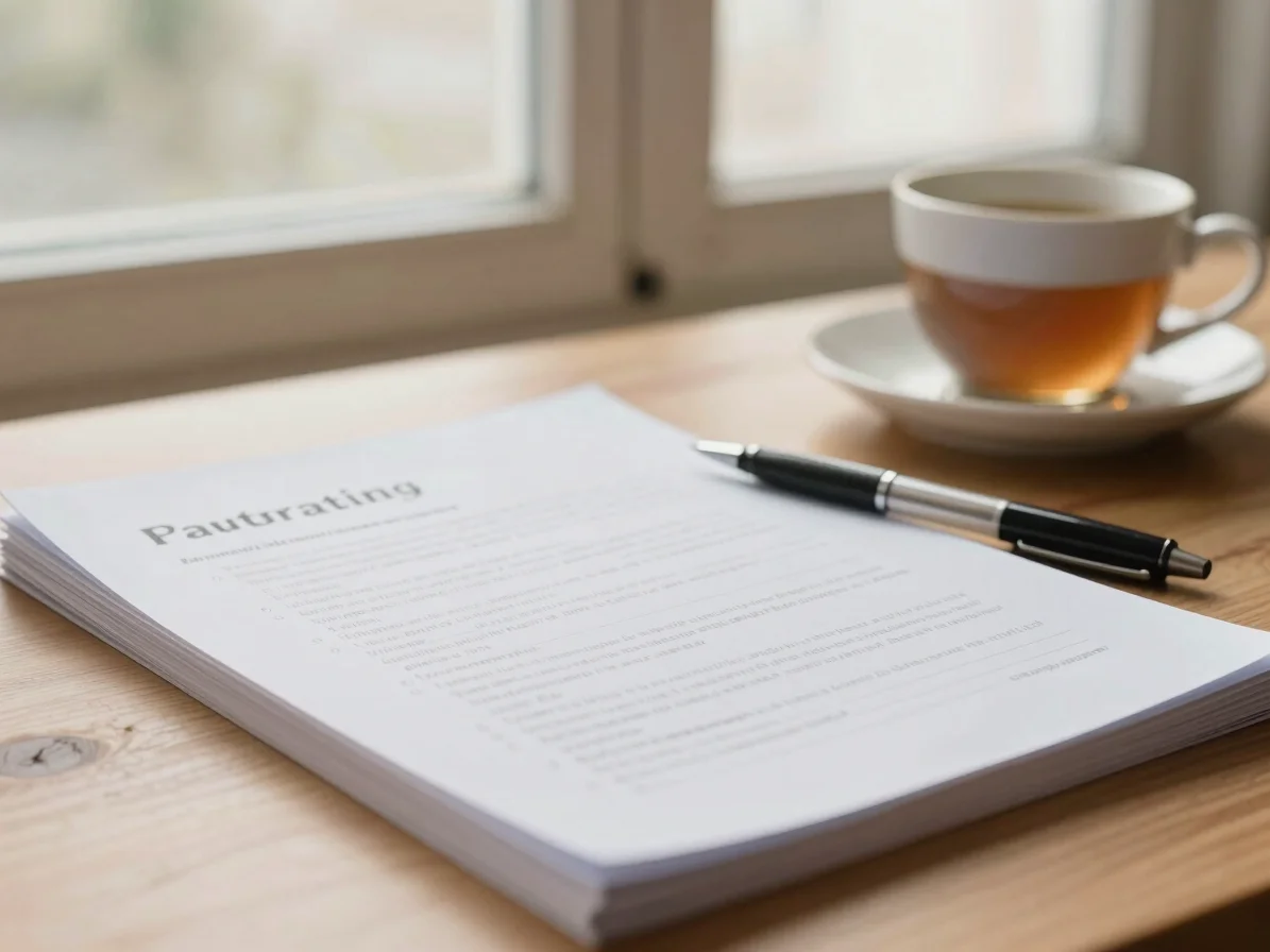 Close-up of a printed learning guide with a pen and a cup of tea on a wooden table, soft window light, 35mm lens, warm n