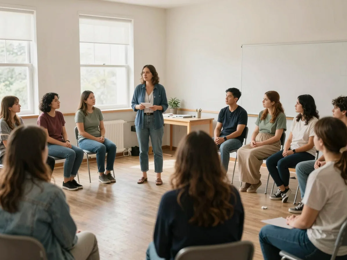 Educator presenting to a small group of expectant mothers in a bright community room, candid, soft natural daylight, 35m