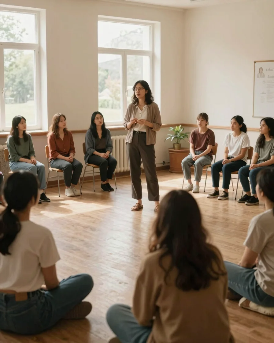 Warm editorial photograph of an educator presenting to a small gr